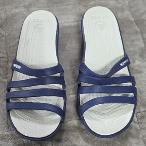 Crocs Rhonda Wedge Womens Sandals Shoes Navy/Tan Slip-On Casual Comfort Sz 7 EUC